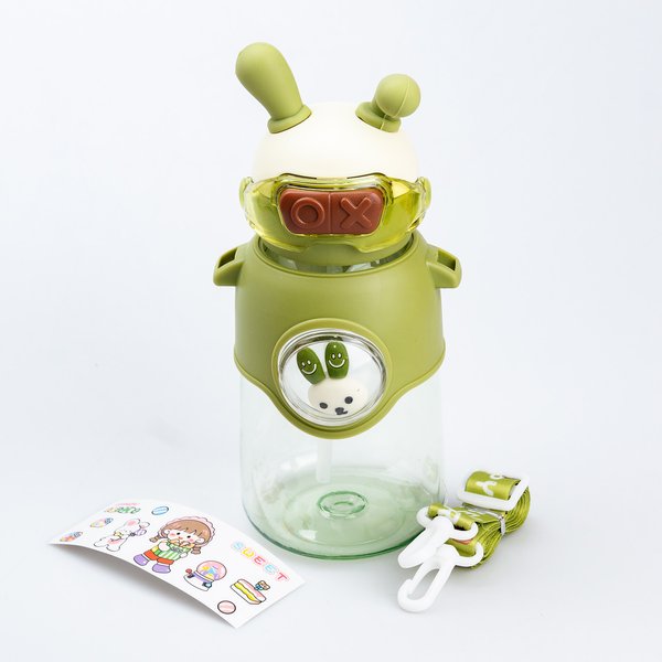 Бутылка для воды детская Rabbit 700 мл с крышкой на кнопке и ремешком, зеленый