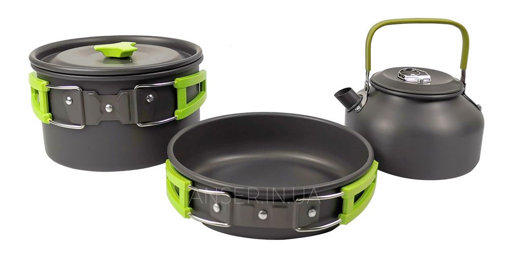 Набор туристической посуды Cooking Set DS-308, зеленые ручки