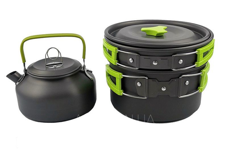 Набор туристической посуды Cooking Set DS-308, зеленые ручки