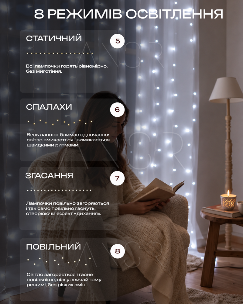 Гірлянда-штора Нитка 3х3м з яскравими діодами,  білого кольору, 192 LED, білий кабель &mdash; оригінальне фото з магазину ANSER.IN.UA