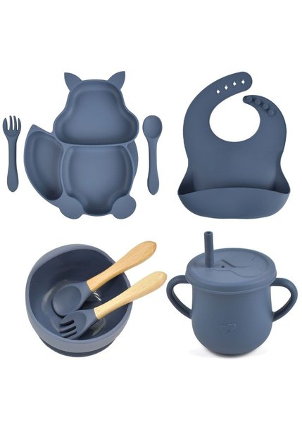 Набор силиконовой посуды для прикорма детей, на присоске, 8 предметов - Темно-синий