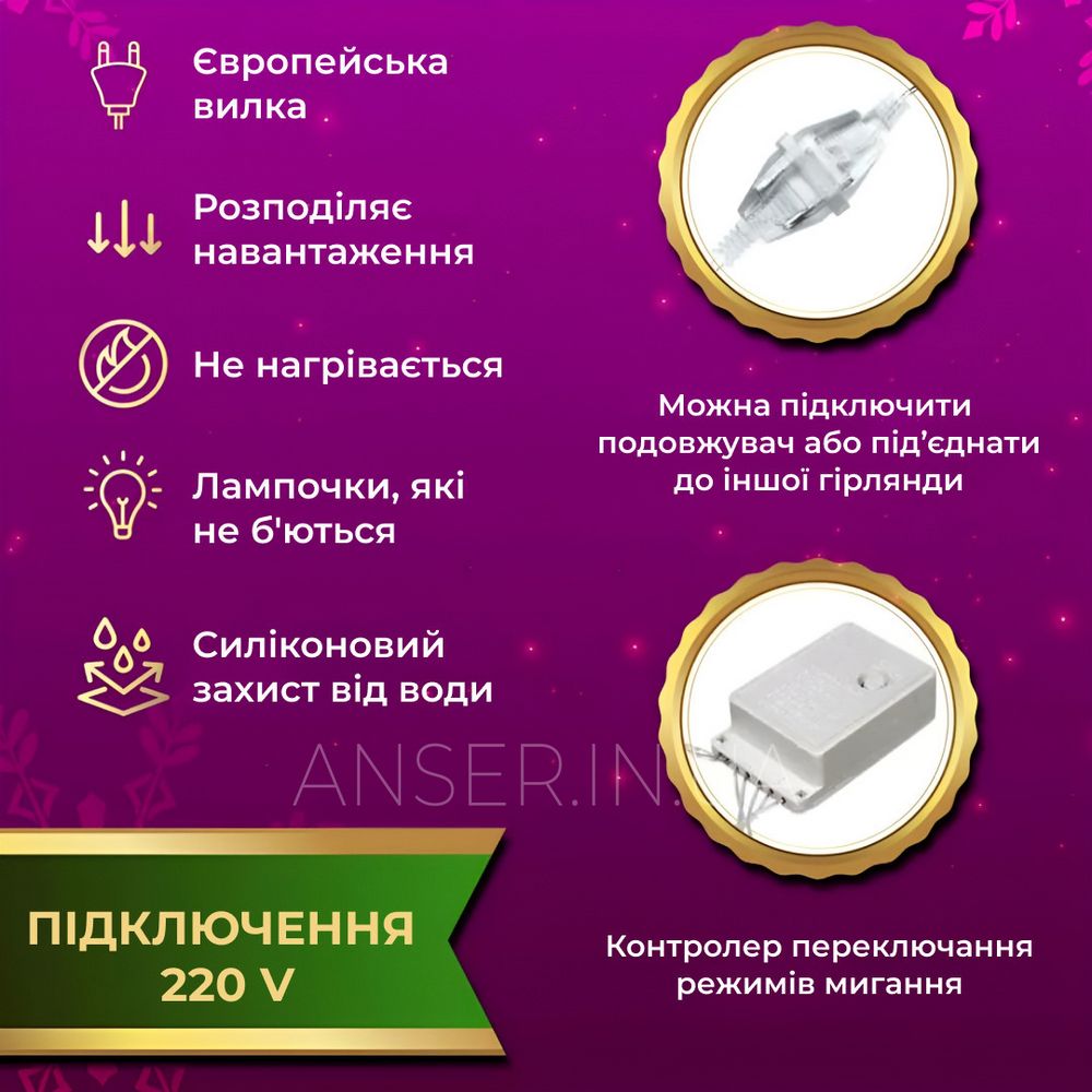 Гірлянда штора 3х2 м Роса 200 LED лампочок мідний провід 10 ліній та 8 режимів RGB