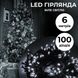 Светодиодная гирлянда нить 6м на 100 LED черный провод 8 режимов Белая