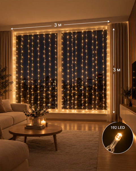 Гірлянда-штора 3х3 м з яскравими LED, білий провід, теплий білий, 196 LED &mdash; оригінальне фото з магазину ANSER.IN.UA