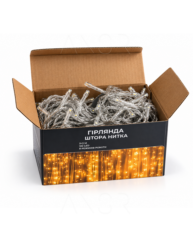 Гірлянда-штора 3х3 м з яскравими LED, білий провід, теплий білий, 196 LED &mdash; оригінальне фото з магазину ANSER.IN.UA