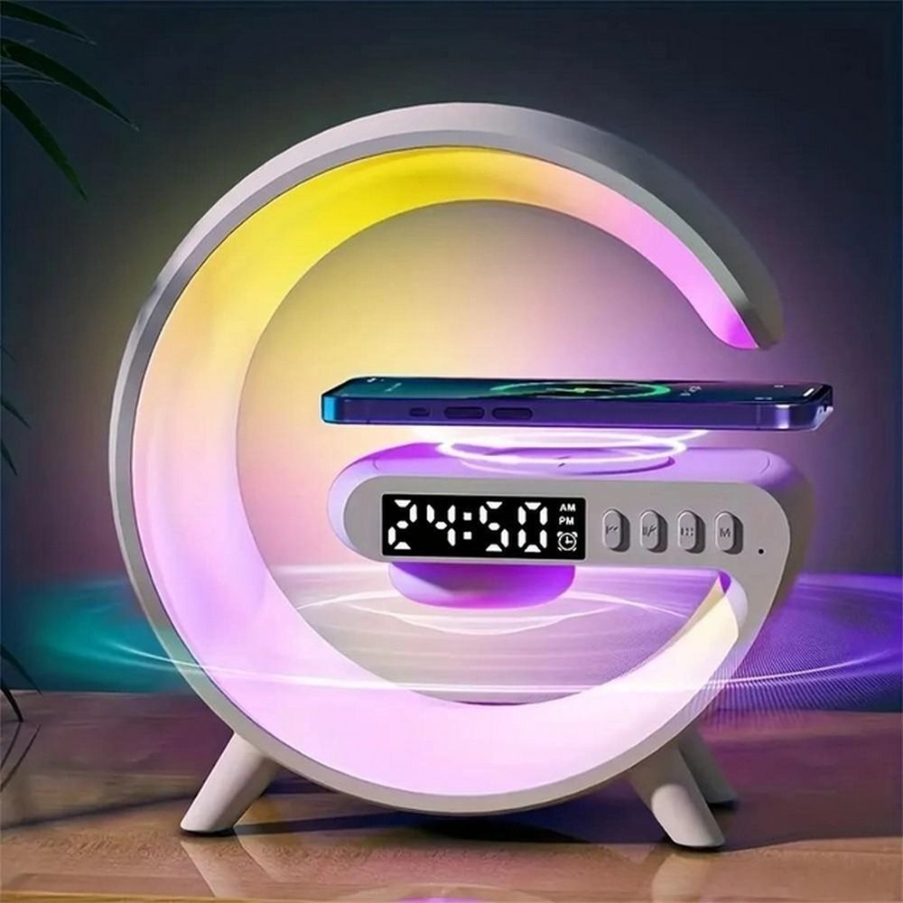 Настольная смарт лампа-ночник с беспроводной зарядкой 15W, Bluetooth-колонкой и часами RGB Light mini
