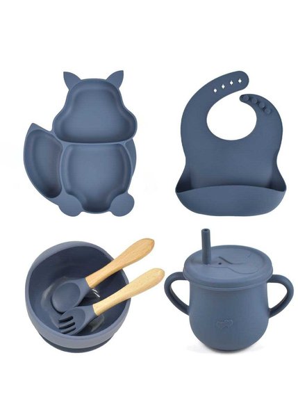 Набор силиконовой посуды для первого прикорма детей, на присоске, 6 предметов - Темно-синий