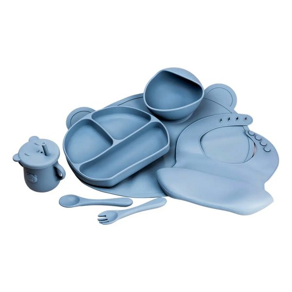 Набір силіконового посуду для прикорму дітей на присосці, 7 предметів - Темно-синій