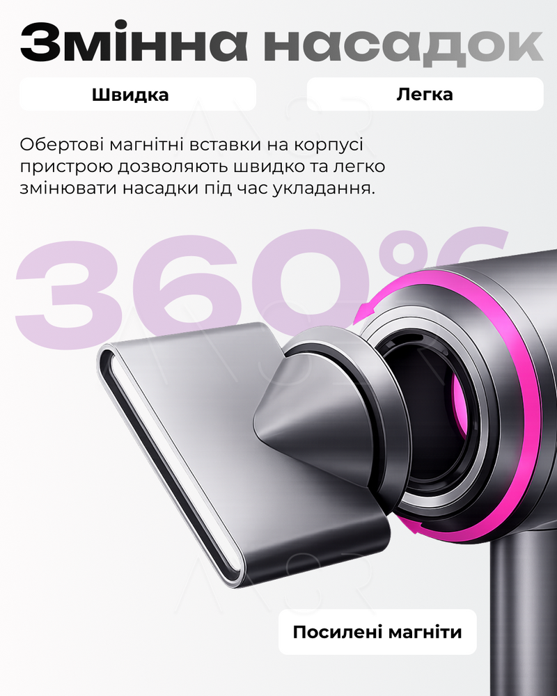Фен для волосся Sonic з 5 магнітними насадками Fuchsia &mdash; оригінальне фото з магазину ANSER.IN.UA