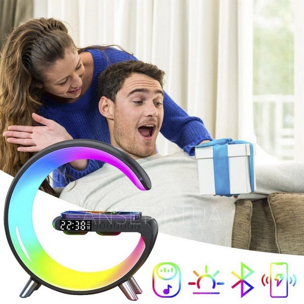 Лампа-ночник G-Lamp с беспроводной зарядкой 15W, Bluetooth-колонкой и часами RGB Night Light