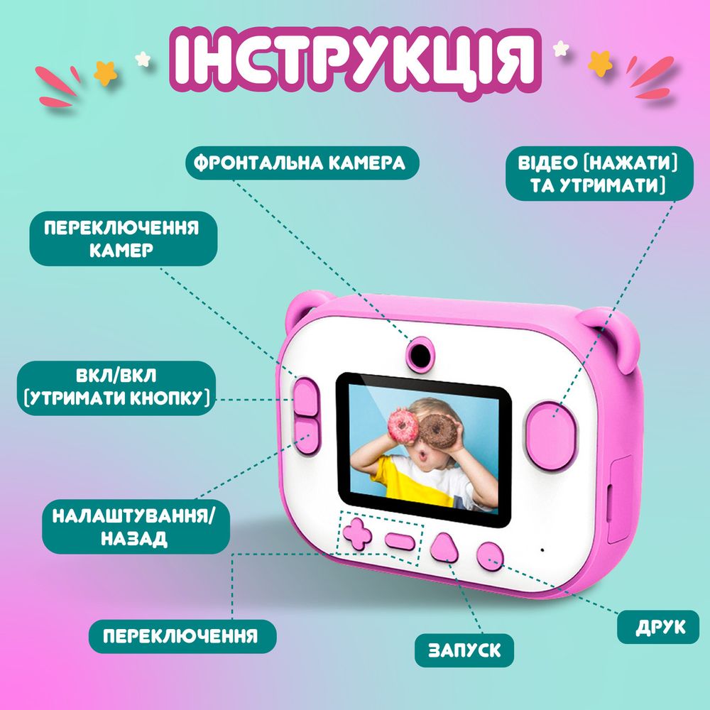 Фотоаппарат детский аккумуляторный для фото и видео Full HD / камера мгновенной печати Фламинго