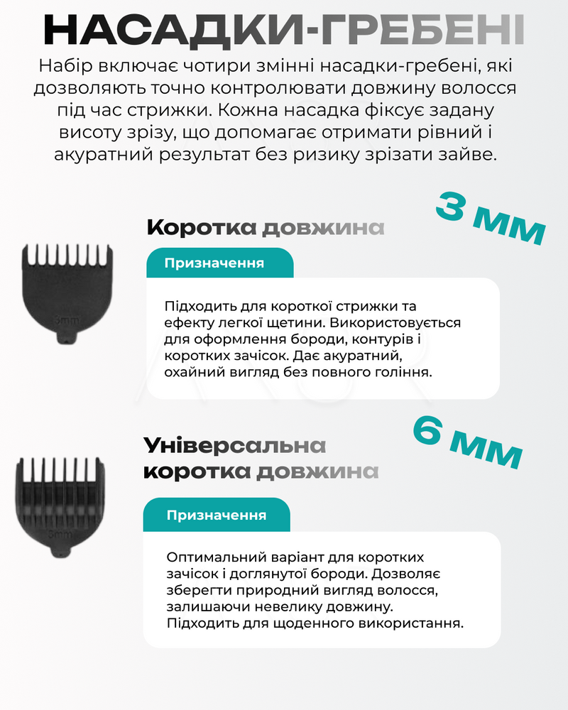 Универсальный триммер VGR для бороды, усов и волос, 4 насадки, регулировка длины, аккумулятор и USB-зарядка &mdash; оригинальное фото из магазина ANSER.IN.UA