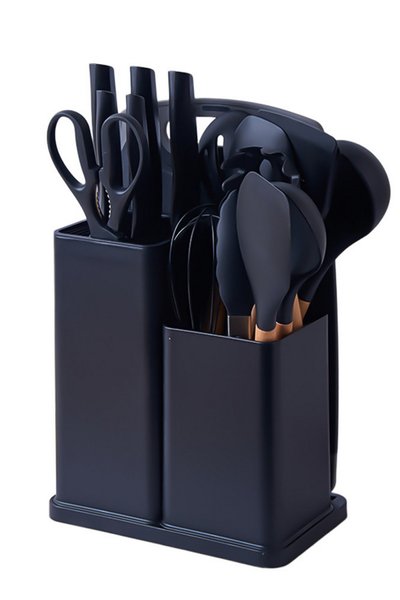 Набір кухонного приладдя на підставці 19 штук кухонні аксесуари з силікону з бамбуковою ручкою Чорний