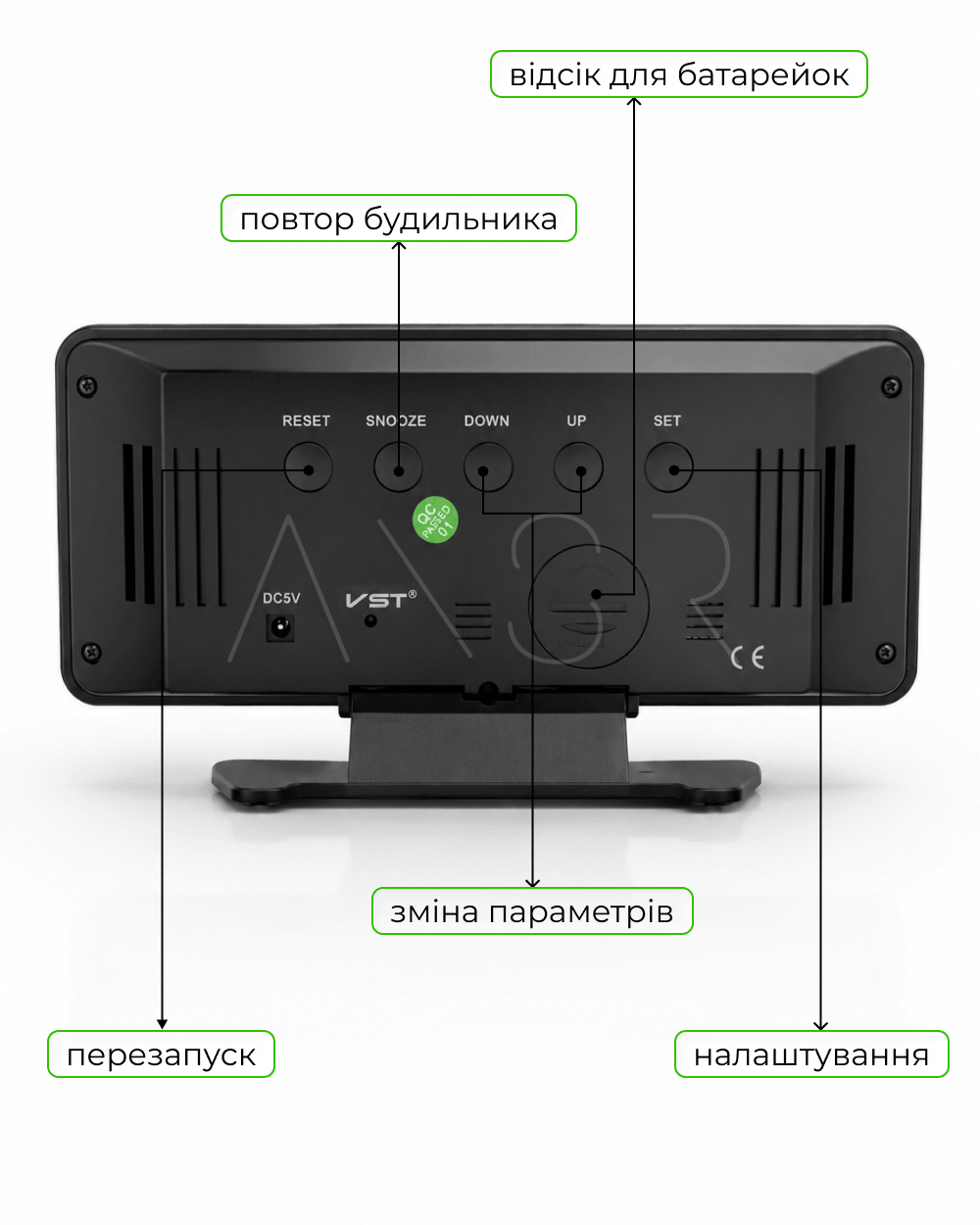 задня панель LED-годинника з кнопками SET, UP, DOWN, SNOOZE, RESET та відсіком для батарейок